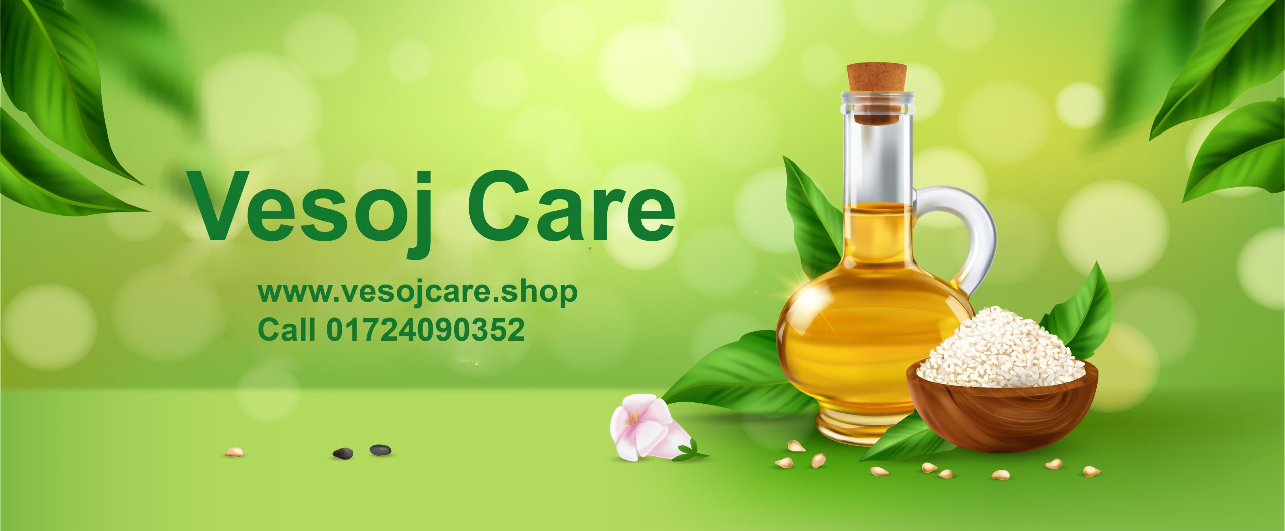 Realistic green poster with jug of organic sesame oil and wooden bowl of white seeds on background with bokeh horizontal vector illustration